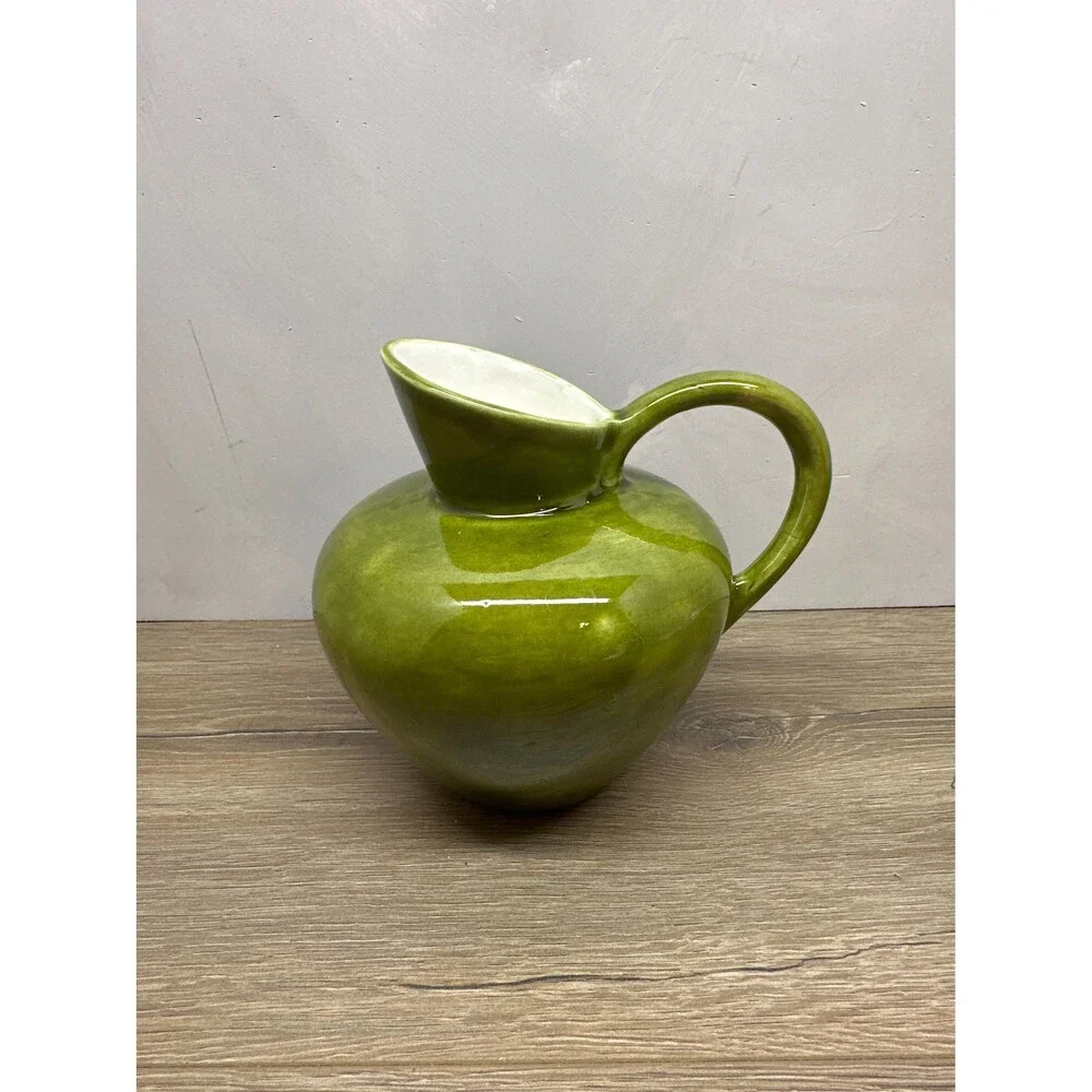Vintage MCM Green Glazed Ceramic Pitcher Medium Studio Pottery Flower Vase 6